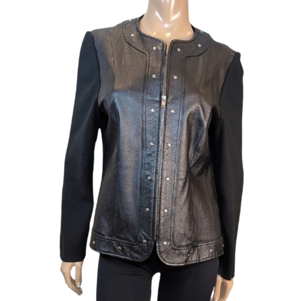 Peter Nygard Studded Leather Jacket Womens Size Medium 10 12 Black Knit Zippered